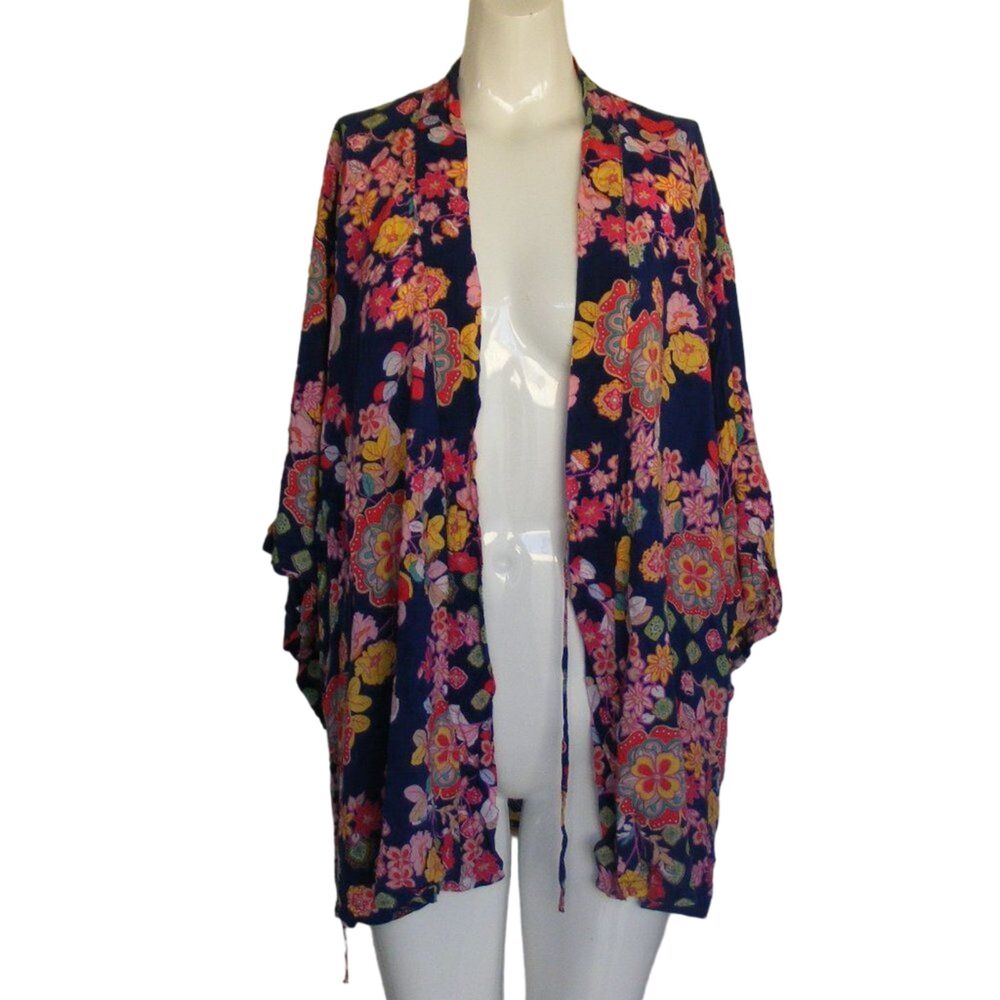 JOSIE Natori Kimono Robe, M, Blue, Multicolor floral, Short, Sash belt, Rayon - Picture 13 of 13